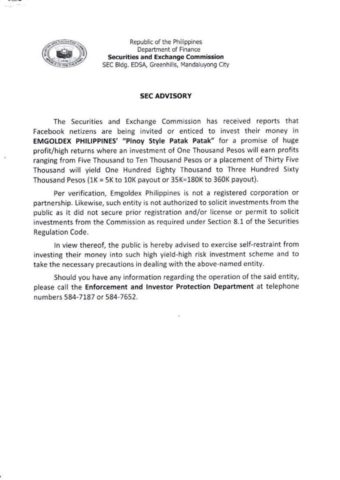 The SEC Advisory posted by the Philippine Embassy in Seoul on their Facebook page.