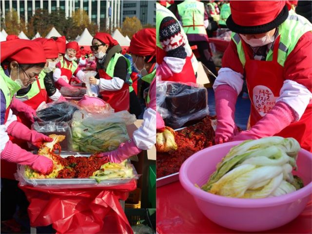 Ajummas having fun making kimchi for the less fortunate.